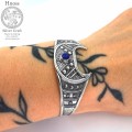 Amulet Lunula Silver Bracelet with Lapis Lazuli and Slavic Ornaments