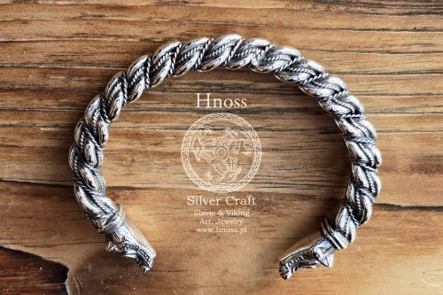 Viking Big Silver Braided Bracelet with Fenrir Wolf Heads from Norway by Hnoss Silver Craft.jpg