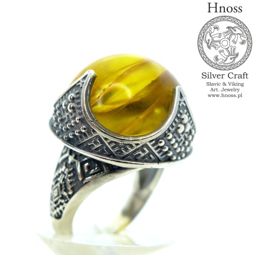 Silver Solar Ring With Baltic Amber & Slavic  Ornaments by Hnoss Silver Craft