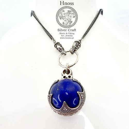 Viking Ball Amulet Necklace with Lapis Lazuli and Chain with Dragon Heads by Hnoss Silver Craft